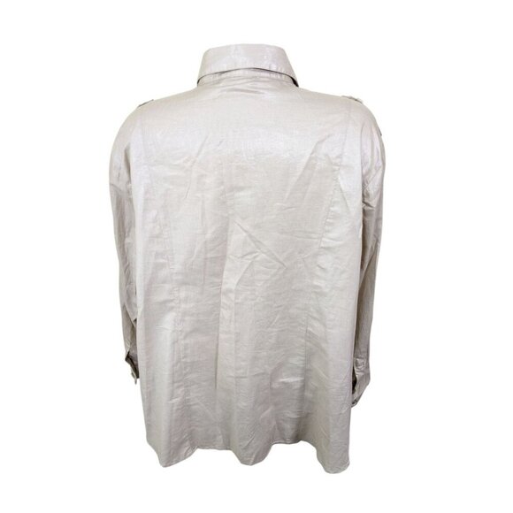 TanJay Womens Plus 20W Button Up Shirt Beige Shimmer Wet Look Pockets Epaulettes - Picture 5 of 8